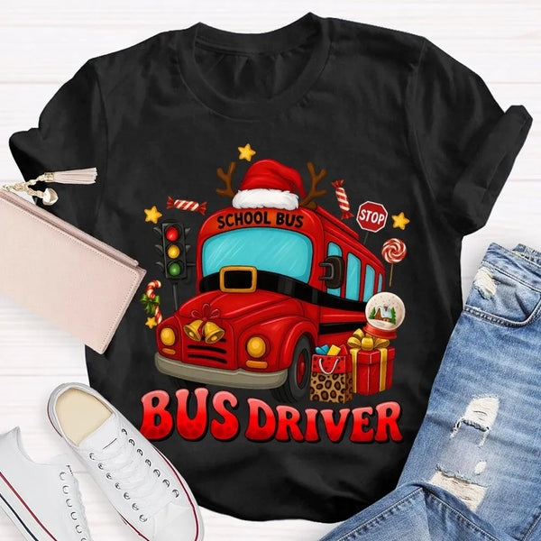 Santa Hat Holiday Bus T-Shirt, School Bus Driver Christmas Shirt, Humorous Xmas Transportation Staff Tee, Bus Driver Apprecia