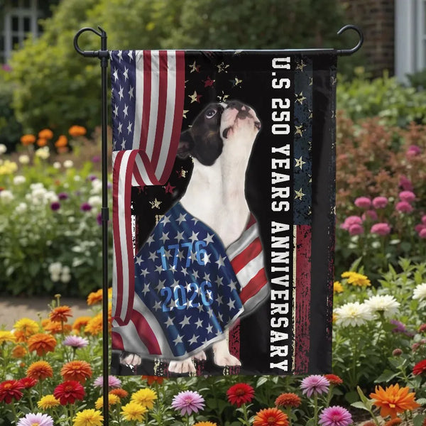 Boston Terrier Garden Flag | US 250 Years Anniversary Patriotic Dog Art | Premium Double-Sided Weather-Resistant Polyester | Gift for Dog Lovers