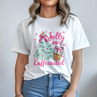 Christmas Coffee Graphic Tee, Jolly and Caffeinated Shirt, Retro Christmas Tree T-Shirt, Holiday Coffee Lover Tee, Festive Xmas Present