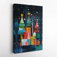 Colorful Holiday Gift Boxes Art, Abstract Christmas Tree Wall Art Print, Canvas Art Digital Download, Festive Holiday Home Decor Present