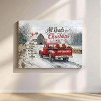 Red Truck Snowy Farmhouse Canvas Print, Personalized Christmas Canvas Art, Custom Family Name Wall Canvas, Holiday Winter Canvas Decor