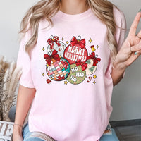 Coquette Bow Holiday Graphic Tee, Retro Christmas Ornaments T-Shirt, Vintage Xmas Tree Decor Shirt, Trendy Festive Holiday Top for Women