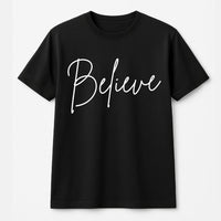 Minimalist Script Holiday Tee, Believe Christmas T-Shirt, Vintage Festive Christmas Tree Shirt, Adorable Winter Family Graphic T-Shirt