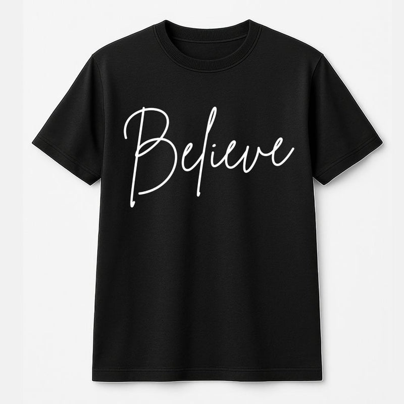 Minimalist Script Holiday Tee, Believe Christmas T-Shirt, Vintage Festive Christmas Tree Shirt, Adorable Winter Family Graphic T-Shirt