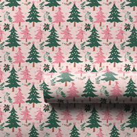 Whimsical Holiday Gift Wrap, Pink and Green Christmas Tree Wrapping Paper, Adorable Winter Present Paper, Xmas Tree Wrapping Paper, Gift Wrap