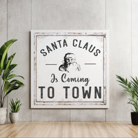 Vintage Santa Claus Square Canvas Print, Santa Is Coming to Town Canvas, Retro Holiday Typography Canvas Art, Christmas Wall Decor Canvas