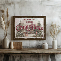 Vintage Winter Village Snowman Print, Merry Christmas Canvas Wall Art, Pine Trees Holiday Artwork, Festive Wall Decor, Seasonal Xmas Present