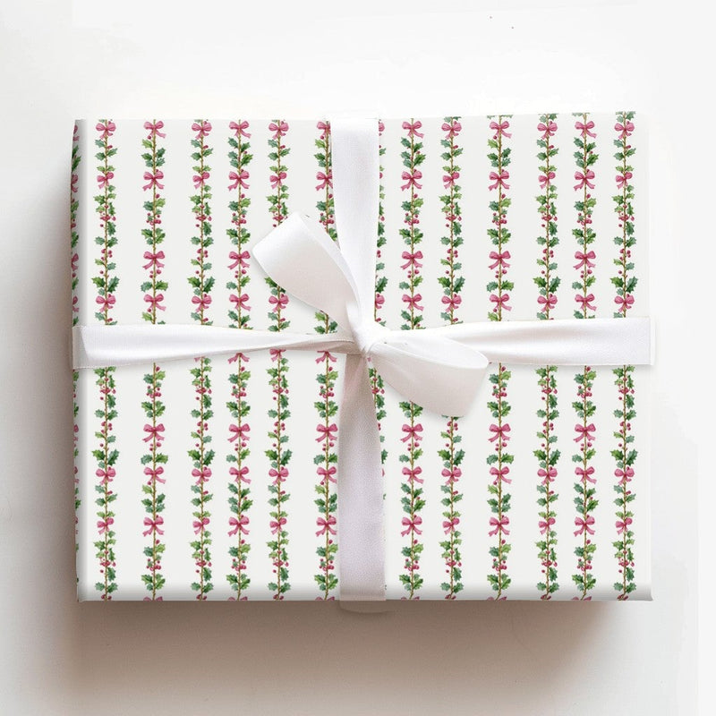 Pink Bow Garland Holiday Gift Wrap, Watercolor Holly Christmas Wrapping Paper, Festive Botanical Wrapping Paper, Elegant Gift Wrapping Paper