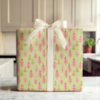 Pink and Green Pine Gift Wrap, Watercolor Christmas Tree Wrapping Paper, Festive Tree Present Paper, Holiday Wrapping Paper, Xmas Gift Wrap