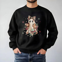 Comfy Ghost Drinking Coffee Crewneck, Christmas Ghost Sweatshirt, Gingerbread Plaid Ghost Pullover, Spooky Holiday Sweater, Xmas Present