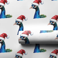 Watercolor Santa Hat Bird Gift Wrap Roll, Peacock Christmas Wrapping Paper, Elegant Holiday Wrapping Paper, Festive Winter Bird Gift Wrap