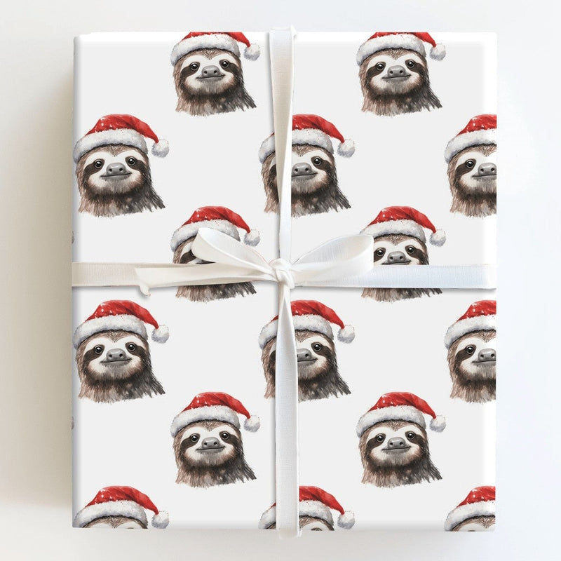 Watercolor Sloth Gift Wrap, Christmas Sloth Wrapping Paper, Adorable Santa Hat Sloth Holiday Paper, Animal Lover Xmas Gift Wrapping Paper