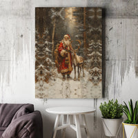 Snowy Winter Forest Canvas Wall Art, Santa Claus and Reindeer Canvas Print, Christmas Holiday Landscape Canvas, Rustic Xmas Home Decor