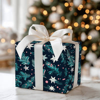 Star Pattern Gift Wrap, Teal Pine Wrapping Paper, Navy Blue Celestial Wrapping Paper, Winter Pine Gift Wrap, Christmas Wrapping Paper Roll