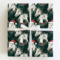 Equestrian Wreath Santa Gift Wrap, White Horse Christmas Wrapping Paper, Evergreen Holiday Horse Wrapping Paper, Festive Horse Gift Wrap