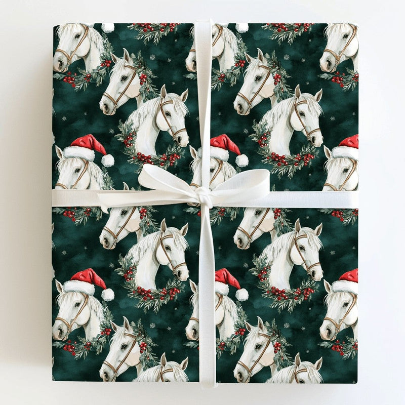 Equestrian Wreath Santa Gift Wrap, White Horse Christmas Wrapping Paper, Evergreen Holiday Horse Wrapping Paper, Festive Horse Gift Wrap