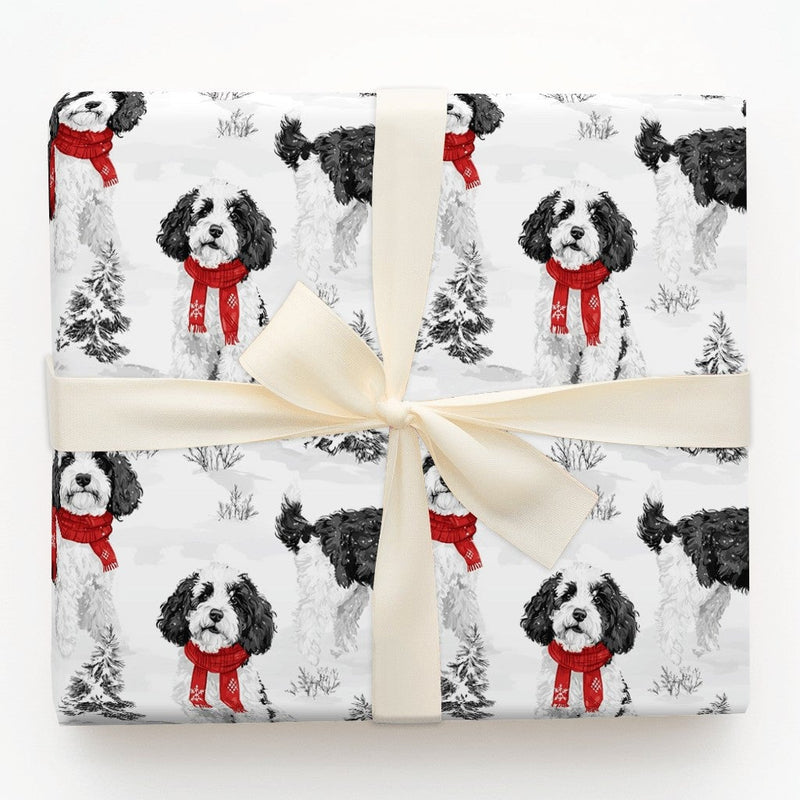 Winter Dog with Red Scarf Gift Wrap, Cockapoo Christmas Wrapping Paper, Holiday Puppy Gift Wrapping Paper, Festive Pet Lover Present Wrap