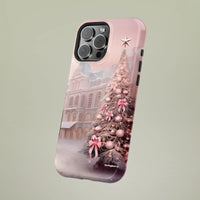Snowy Victorian Holiday iPhone Case, Pink Christmas Tree Phone Case, Pink Bow Xmas Phone Cover, Winter Festive iPhone Case, Christmas Present