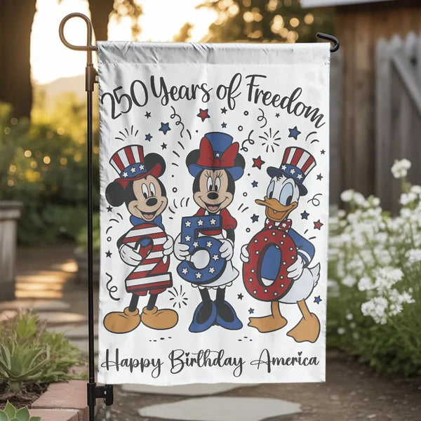 Patriotic 250 Years of Freedom Garden Flag | Cartoon Characters USA Celebration | Weather-Resistant Double-Sided Polyester | Outdoor Yard Decor Gift