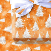 Watercolor Christmas Wrapping Paper, Orange Pine Tree Wrapping Paper, Winter Snowflake Holiday Wrapping Paper, Festive Forest Gift Wrap