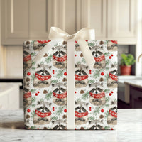 Adorable Woodland Animal Gift Wrap, Raccoon Scarf Wrapping Paper, Watercolor Winter Raccoon Paper, Christmas Holiday Wrapping Paper Roll