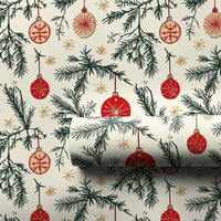 Vintage Pine Branch Gift Wrap, Red Ornament Wrapping Paper, Cream Christmas Snowflake Wrapping Paper, Retro Holiday Present Wrapping Paper