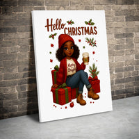 Comfy Coffee Holiday Canvas Print, Hello Christmas Black Girl Canvas Wall Art, Festive Winter Woman Canvas Decor, Xmas Present