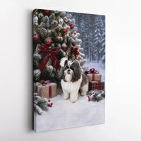 Snowy Holiday Dog Portrait Canvas Print, Shih Tzu Christmas Canvas Wall Art, Christmas Tree Puppy Canvas Art, Dog Lover Holiday Wall Decor