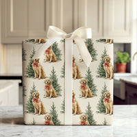 Dog with Red Bow Holiday Gift Wrap, Golden Retriever Christmas Wrapping Paper, Festive Puppy Wrapping Paper, Dog Lover Present Packaging