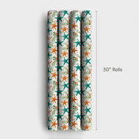 Coastal Christmas Wrapping Paper, Teal and Orange Starfish Wrapping Paper, Beach Holiday Botanical Wrapping Paper, Nautical Xmas Gift Wrap