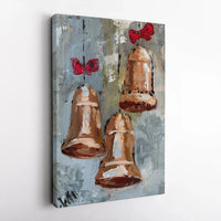 Copper Holiday Ornaments Red Bow Canvas, Christmas Bell Wall Art Digital Download, Festive Winter Decor, Printable Art