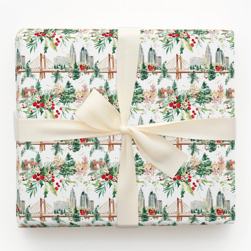 Cityscape Christmas Gift Wrap, Columbus Ohio Skyline Wrapping Paper, Main Street Bridge Present Wrap, Local Ohio Festive Wrapping Paper