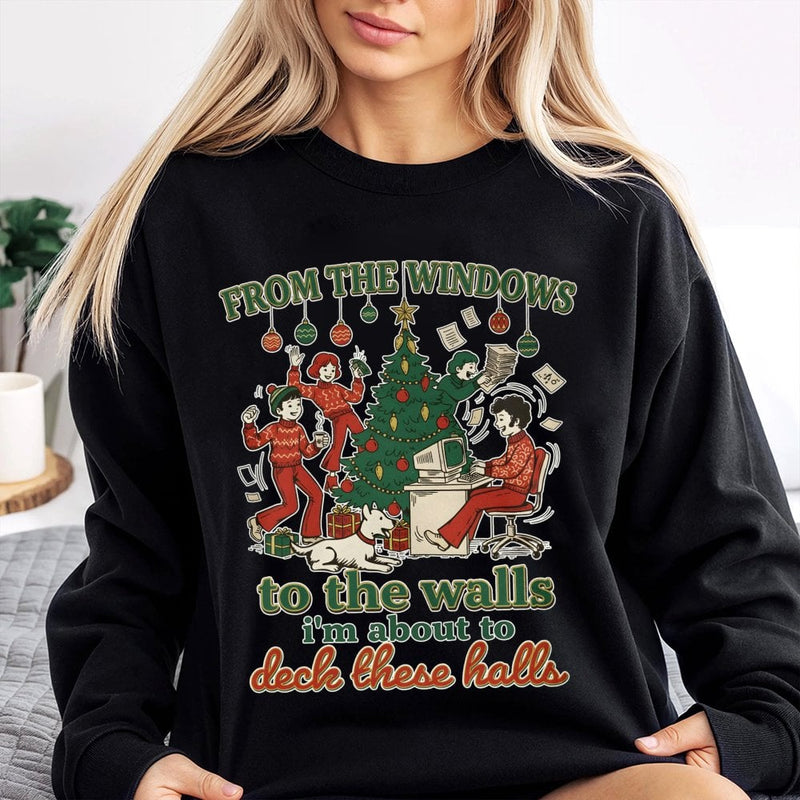 Retro Holiday Humor Graphic Sweater, Deck the Halls Christmas Sweatshirt, Humorous Office Party Xmas Crewneck, Sarcastic Christmas Pullover