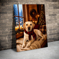 Comfy Cabin Plaid Scarf Holiday Dog Portrait, Yellow Labrador Christmas Canvas Print, Winter Pet Decor, Lab Lover Digital Download