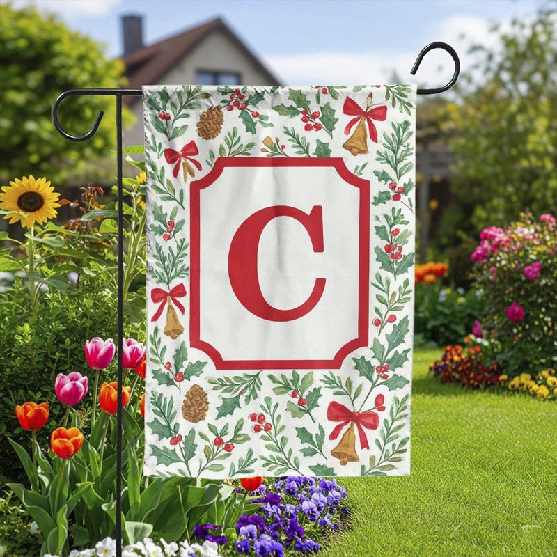 Monogram Initial Holly Bells Flag, Personalized Christmas Garden Flag, Custom Holiday Yard Flag, Winter Lawn Banner, Xmas Porch Decor Flag