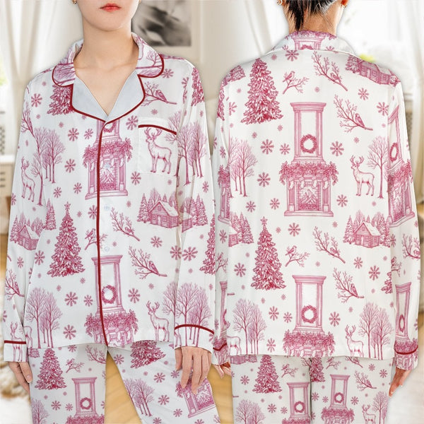 Pine Tree Holiday Satin Pajamas, Winter Deer Christmas Pajama Set, Festive Winter Pajamas, Comfy Christmas Loungewear, Holida