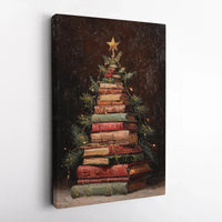 Bookish Library Wall Art, Book Lover Christmas Tree Canvas Print, Bookworm Holiday Wall Decor, Comfy Reading Art Canvas