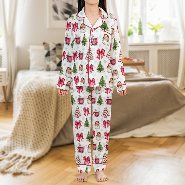Christmas Tree Pajama Set, Vintage Santa Satin Pajamas, Holiday Bow Satin Pajamas, Festive Christmas Sleepwear Set, Womens Xm