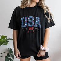 USA 250 Years of Freedom T-Shirt | Patriotic Star-Filled Varsity Leters with Coquette Bow | Soft Breathable Cotton Tee | Gift for July 4th Patriots