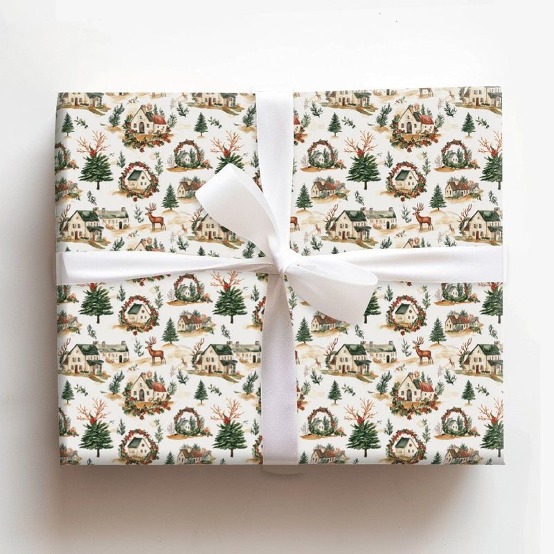 Rustic Watercolor Winter Wrapping Paper, Christmas Village Wrapping Paper, Comfy Pine Tree Gift Wrap, Reindeer Holiday Winter Wrapping Paper