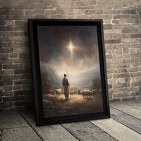 Holy Night Christian Canvas Wall Art, Nativity Shepherd Under Star of Bethlehem Canvas Print, Religious Christmas Manger Wall Decor Present