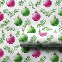 Christmas Bauble Wrapping Paper, Watercolor Pink and Green Ornament Wrapping Paper, Botanical Holiday Wrapping Paper, Festive Gift Wrap