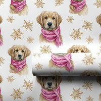 Puppy with Pink Scarf Christmas Gift Wrap, Golden Retriever Wrapping Paper, Watercolor Dog Wrapping Paper, Holiday Pet Gift Wrap Roll