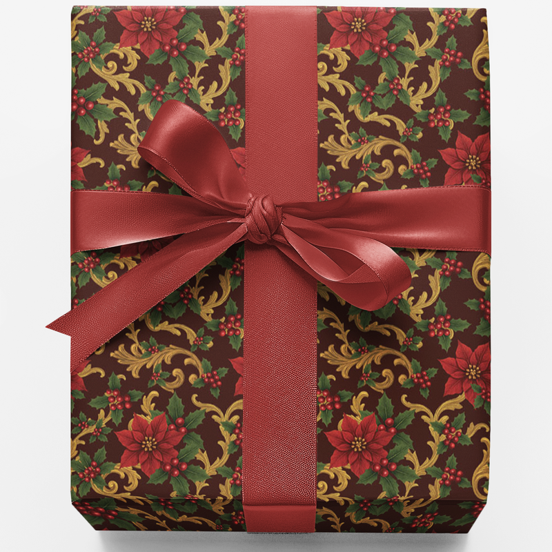 Floral Christmas Gift Wrap Roll, Poinsettia Holiday Wrapping Paper, Winter Botanical Gift Wrap, Elegant Seasonal Festive Wrapping Paper