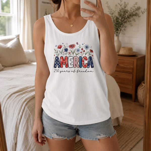 America 250 Years Of Freedom Tank Top | Patriotic Floral Graphic | Breathable Unisex Tee | 4th Of July Independence Day Gift