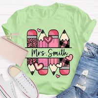 Personalized Name Pink Pencil Heart Mrs Smith T-Shirt