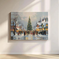 Snowy Tree Lighting Art Canvas, Vintage Christmas Village Wall Art, Holiday Village Print, Christmas Village Poster, Digital Download