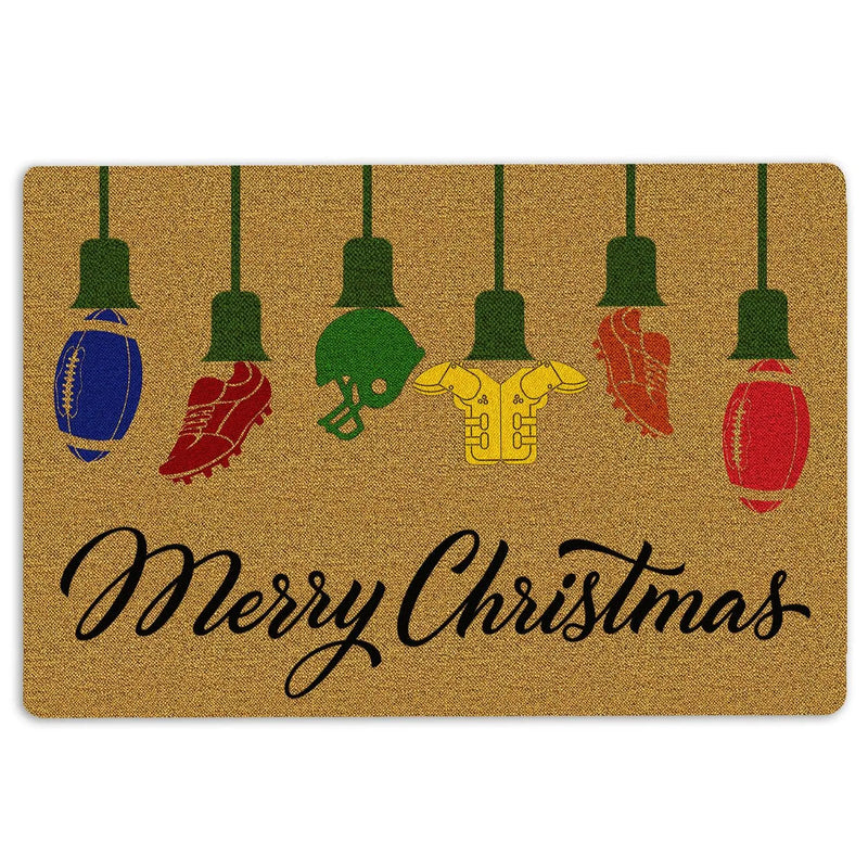 String Lights Holiday Football Doormat, Merry Christmas Football Doormat, Sports Fan Welcome Mat, Non-Slip Gameday Winter Entryway Rug
