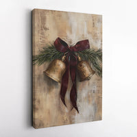 Vintage Pine Ribbon Holiday Canvas Print, Rustic Christmas Bells Canvas Wall Art, Festive Farmhouse Canvas Art, Christmas Wall Hanging