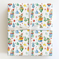 Whimsical Holiday Toy Gift Wrap, Watercolor Christmas Elves Wrapping Paper, Adorable Kids Xmas Wrapping Paper, Retro Toy Elf Holiday Present Paper